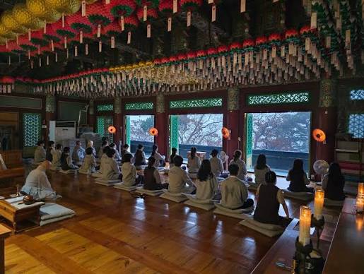 Participants sitting in rows on cushions for meditation in a temple hall with lotus lanterns overhead and mountain views through the windows